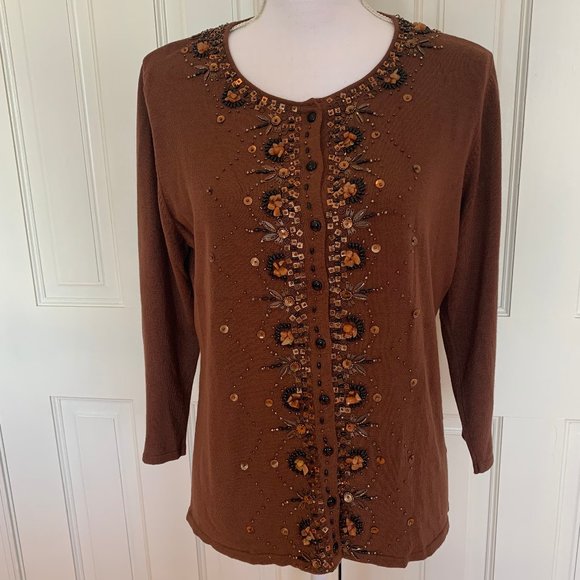 Beads & Sequins Brown Button up Sweater - Picture 1 of 4
